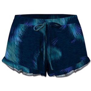 Ruffle hem drawstring shorts in blue abstract print.